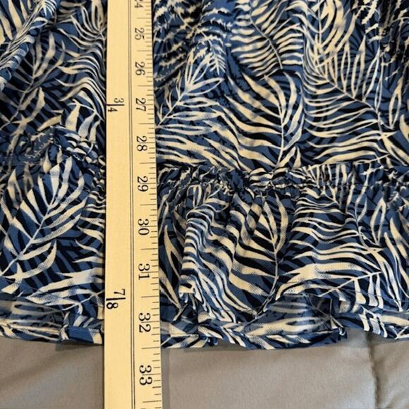 Fab'rik Tiered Mini Dress Blue Tropical Palm Leaf Print Elastic Waist Size Small - Picture 9 of 10